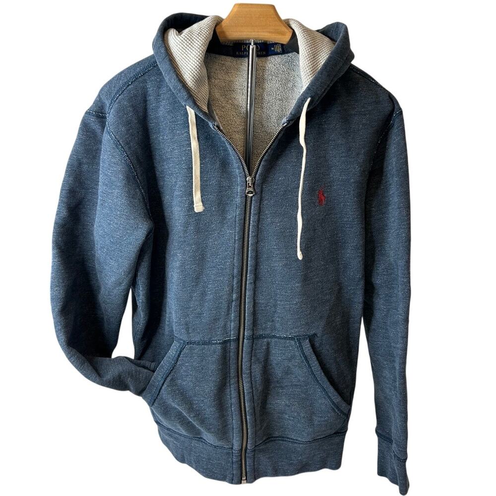 Polo Ralph Lauren blue heather full zip fleece hoodie waffle knit hood mens sz M